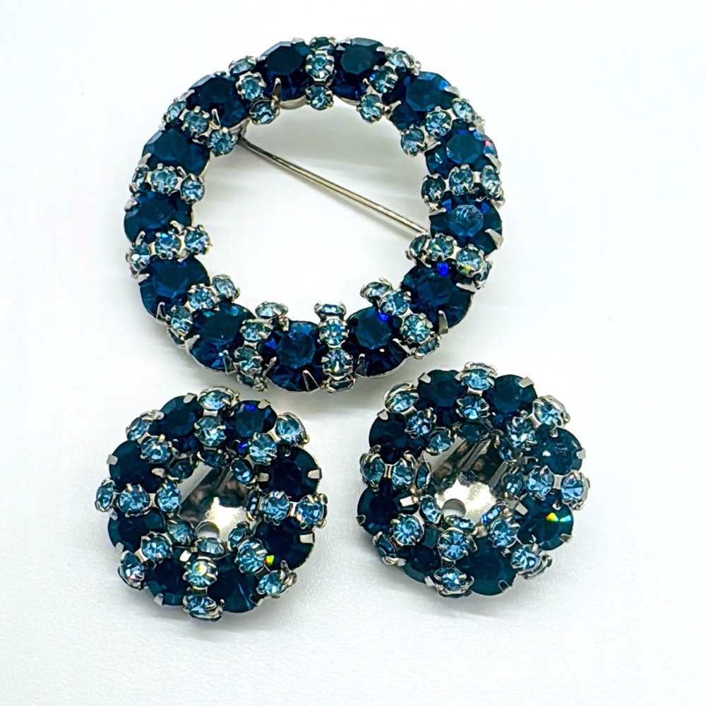 Vintage Joseph Warner Brooch and Earring Set in blues.